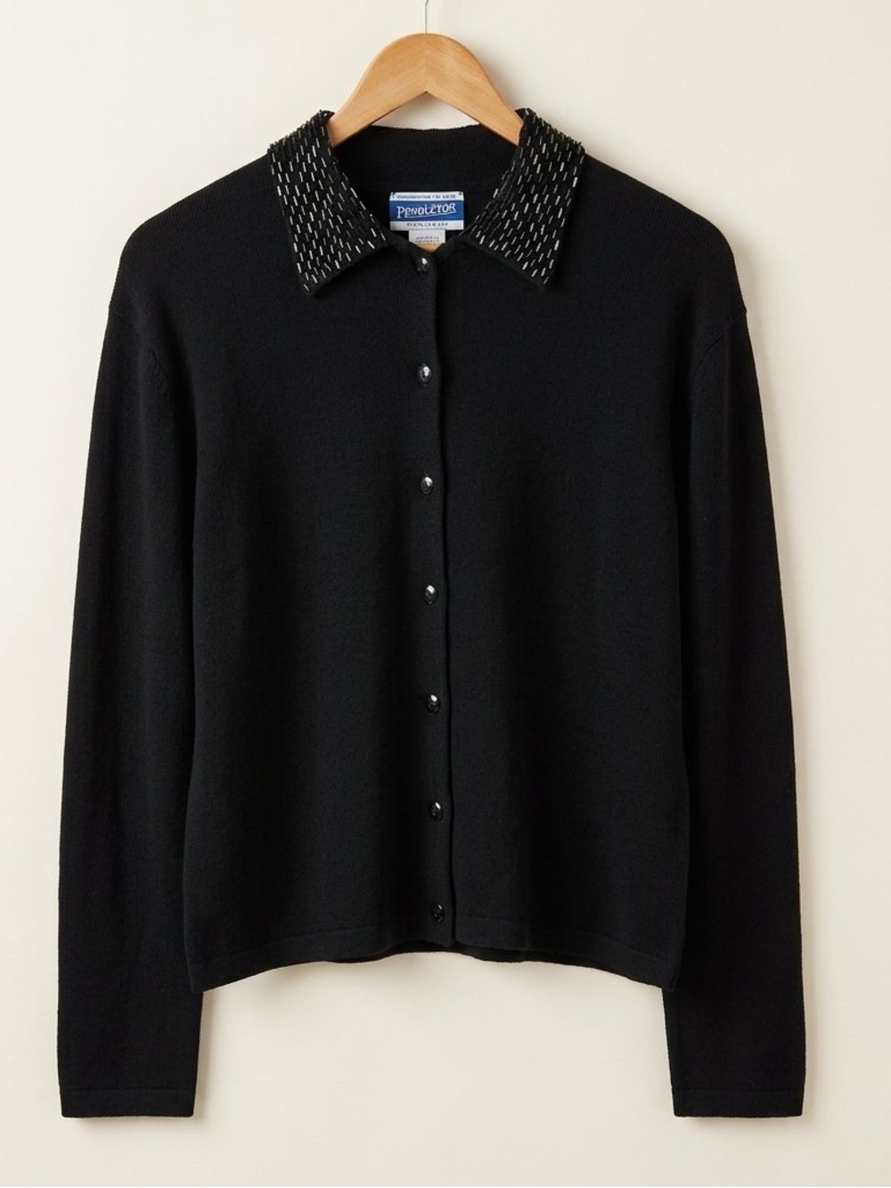 Vintage Pendleton Black Beaded Collar Cardigan Knit Wool Sweater Button Up Sz L